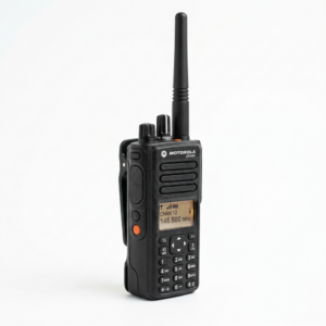 Black Motorola DP660 digital two-way radio showing channel 12 at 146.500 MHz
